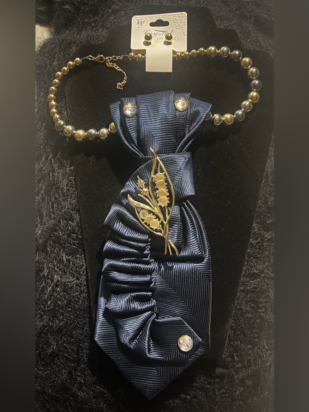 Elegant Navy Bow Brooch Necklace with Gold Accent - Women Accessories